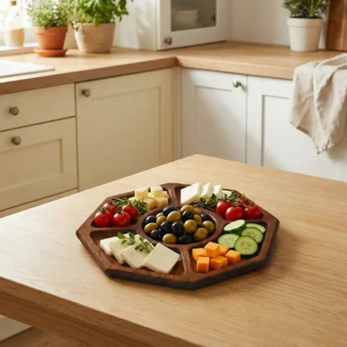 Sekizgen Kesim Ahşap Sunum Tabağı