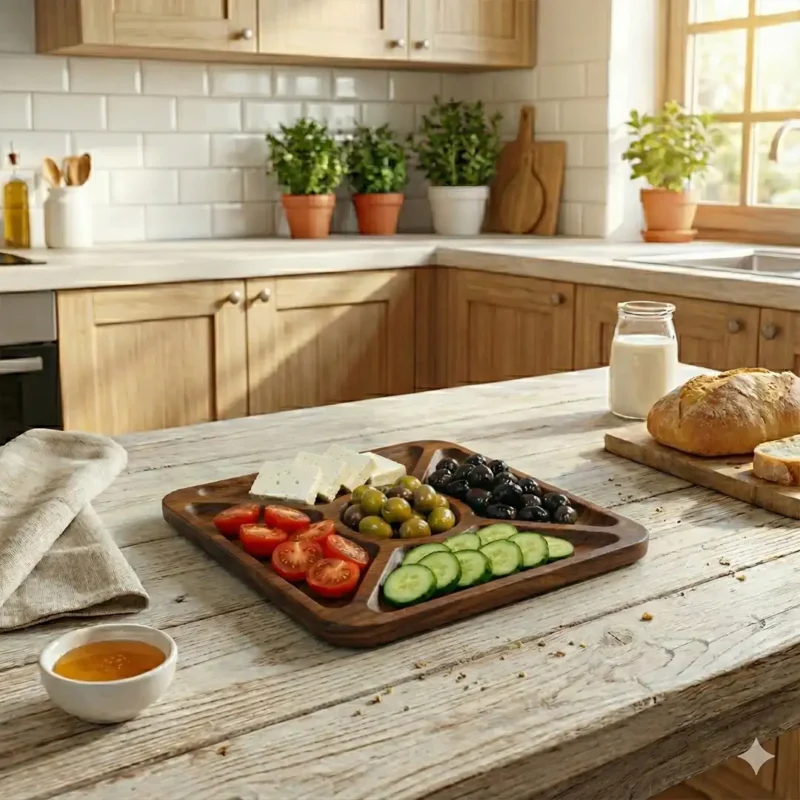 Ortası Yuvarlak Kare Orta Boy Ahşap Sunum Tabağı